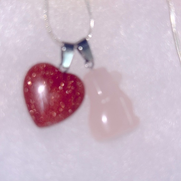 Boho Hippie Rose Quartz Crystal Dog and Goldstone Heart Silver 16” Necklace - Picture 4 of 6